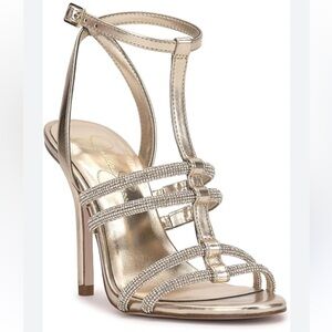 jaycin rhinestone asymmetrical metallic dress sandals Jaycin High Heel in Gold